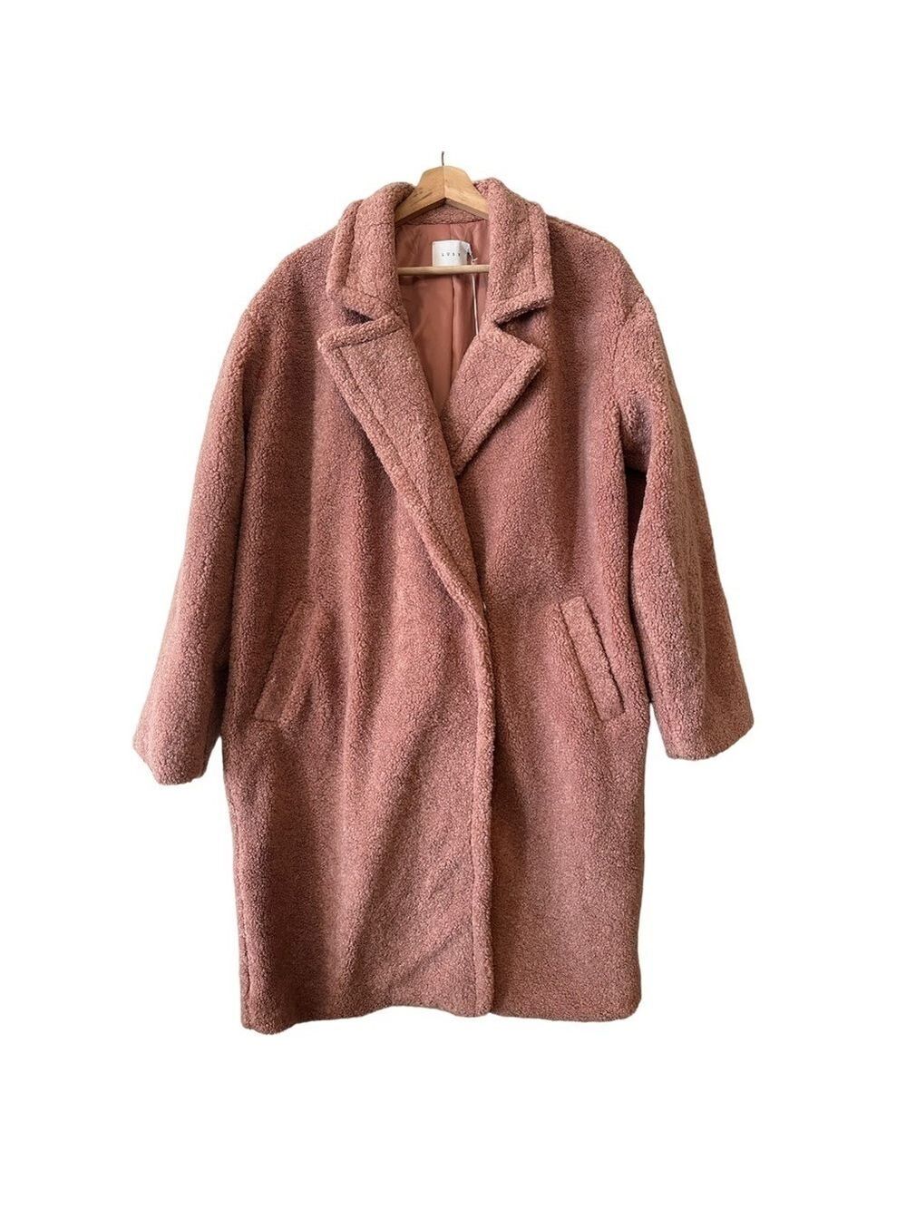 Lush Faux Shearling Mid Length Mauve Teddy Coat Jacket